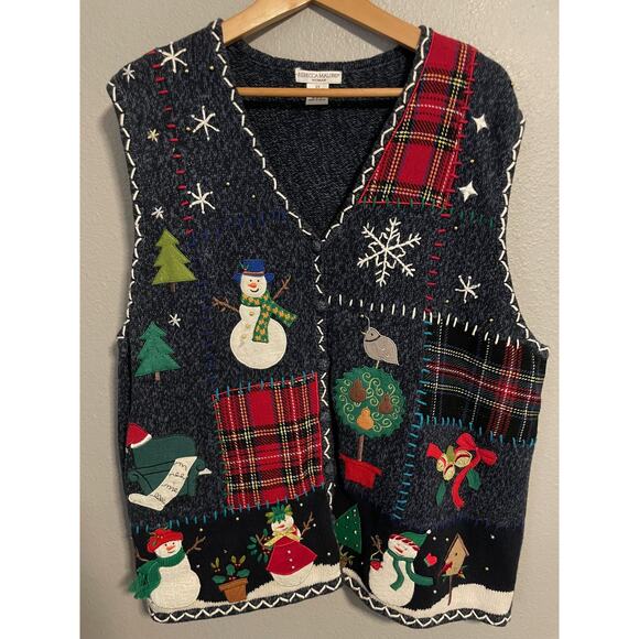 Rebecca Malone Sweater Vest Women 2X Blue Christmas Holiday Applique Snowman 90s - Picture 1 of 7